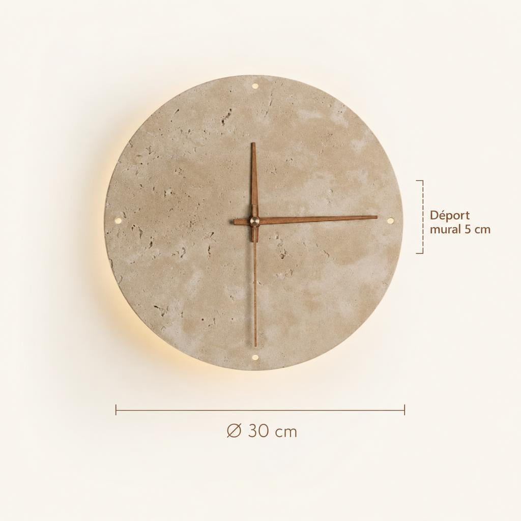 Dimensions de l'horloge Nara en travertin, diamètre 30 cm et déport mural 5 cm