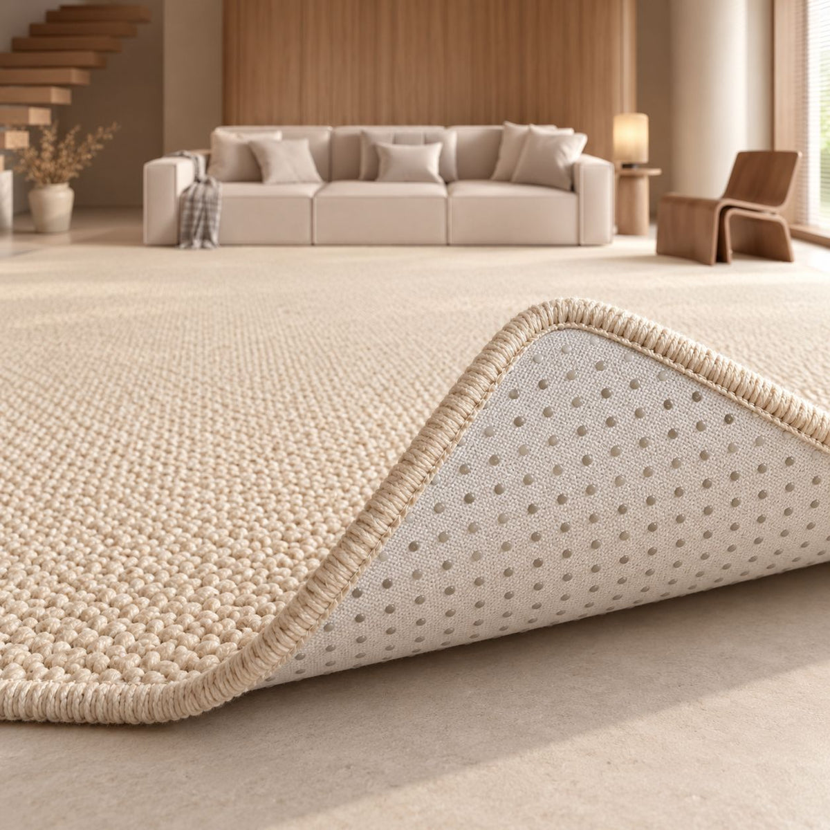 Dessous antidérapant du Tapis Suna : points de silicone et bordure cousue