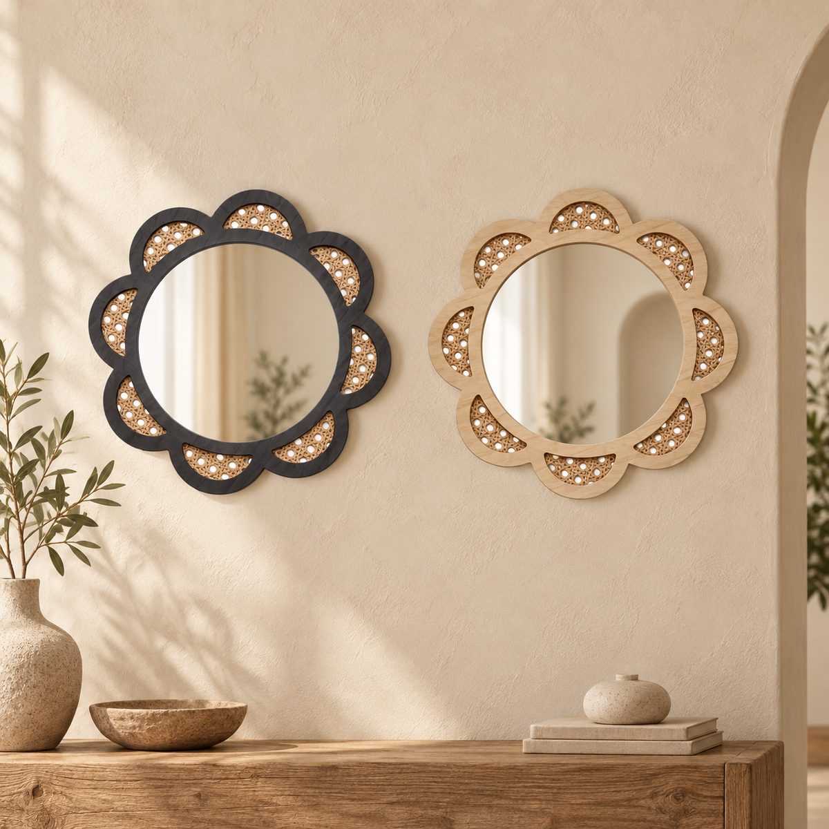 Miroir Japandi rotin mural rond