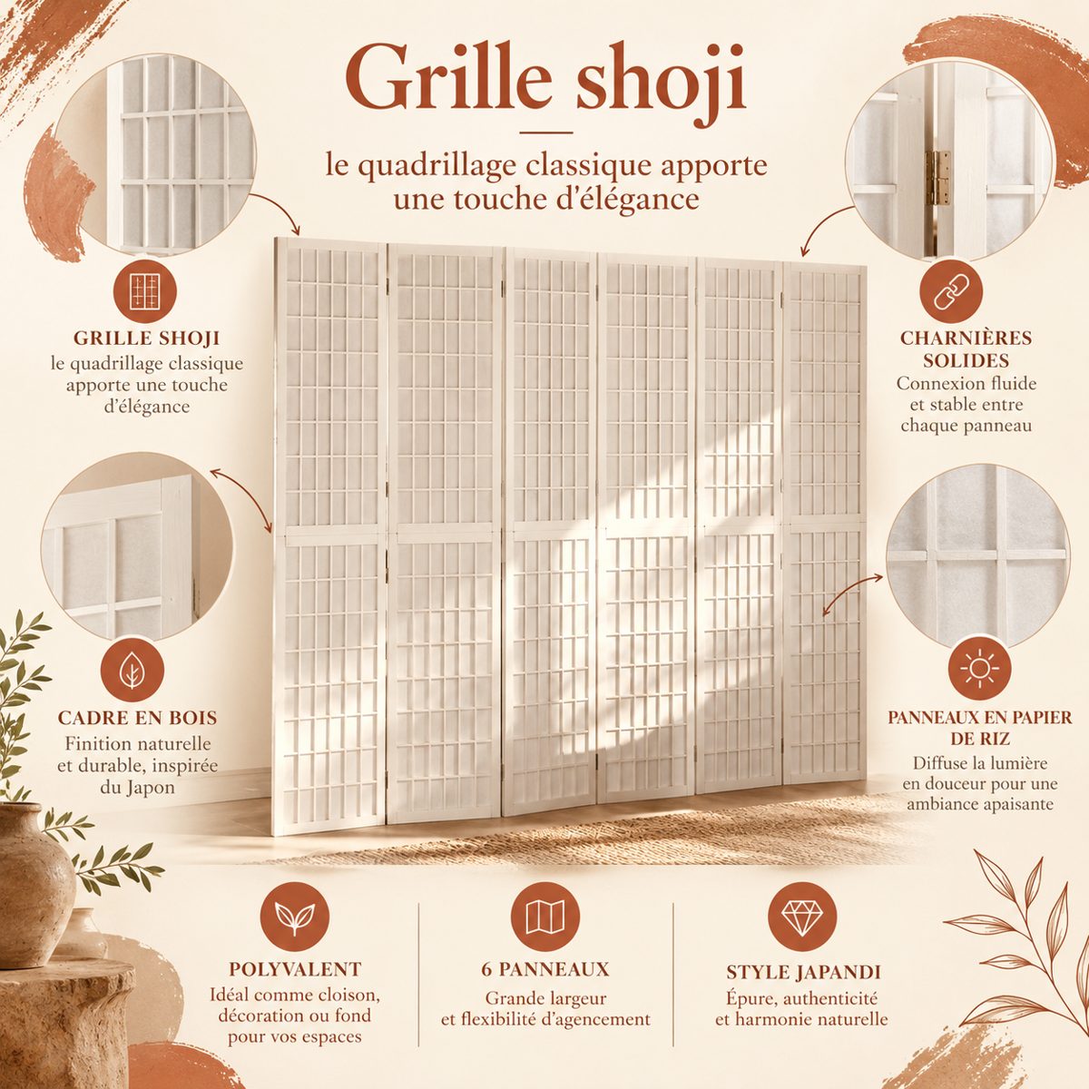 Caractéristiques du paravent Byobu : grille shoji, cadre en pin, pliable