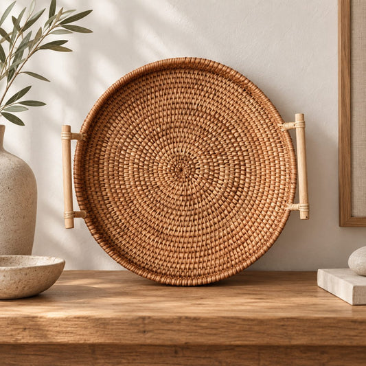 Rangement Japandi plateau-boîte en rotin tressé