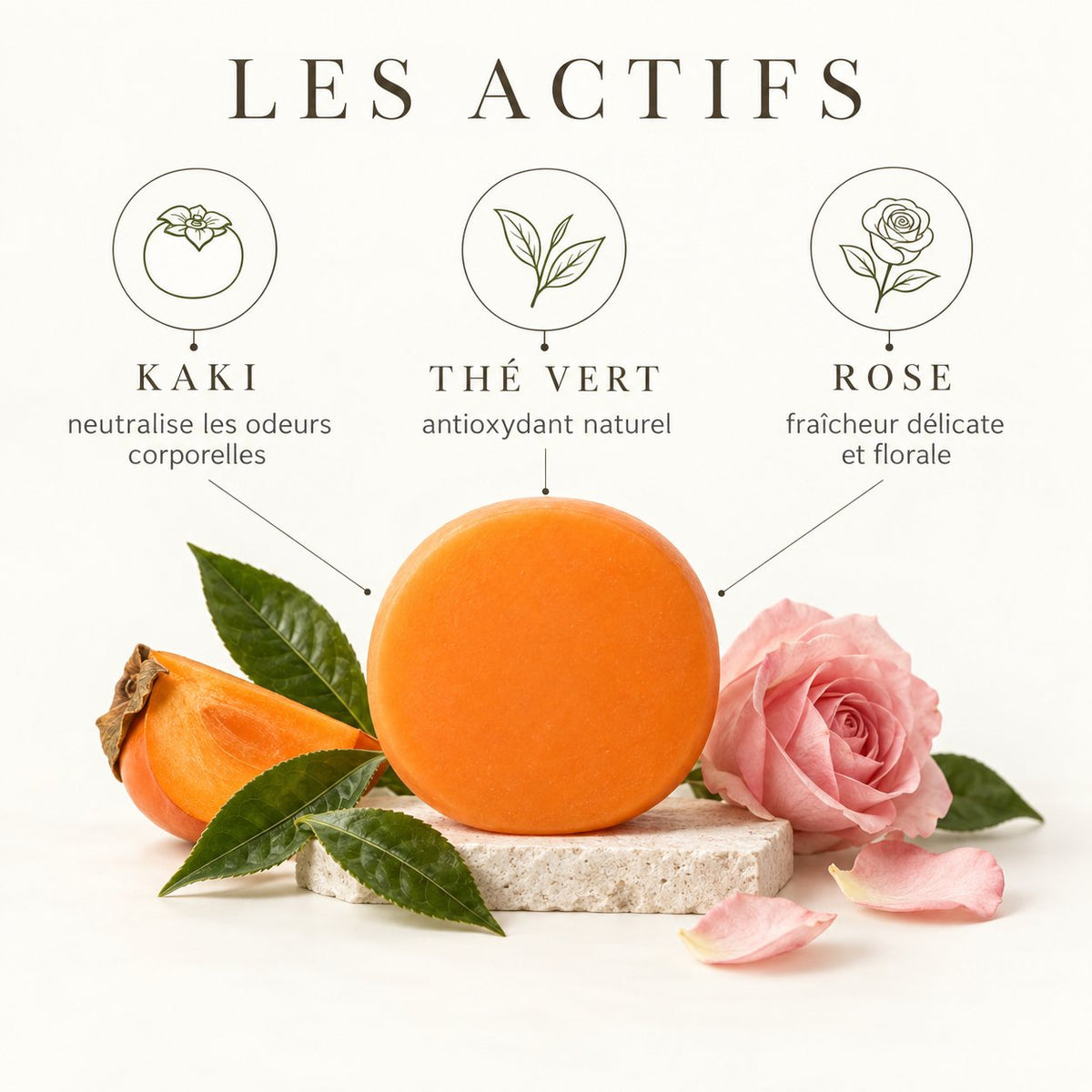 Les actifs du savon kaki : kaki, thé vert et rose