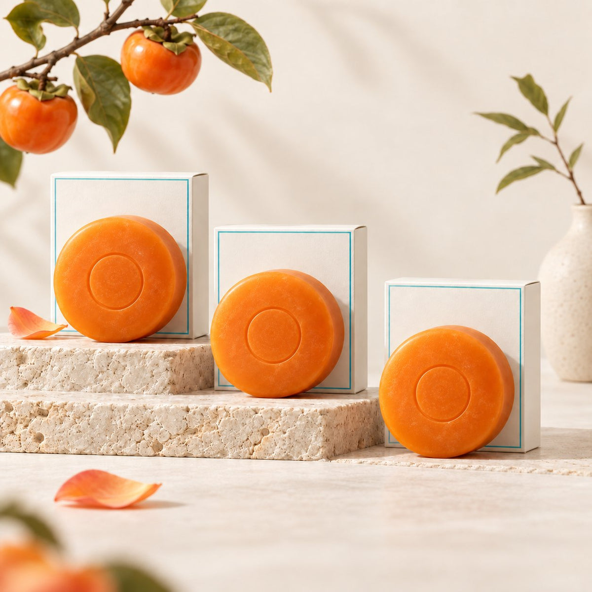 Lot de trois savons kaki ronds orange avec leurs boîtes ivoires, décor japandi