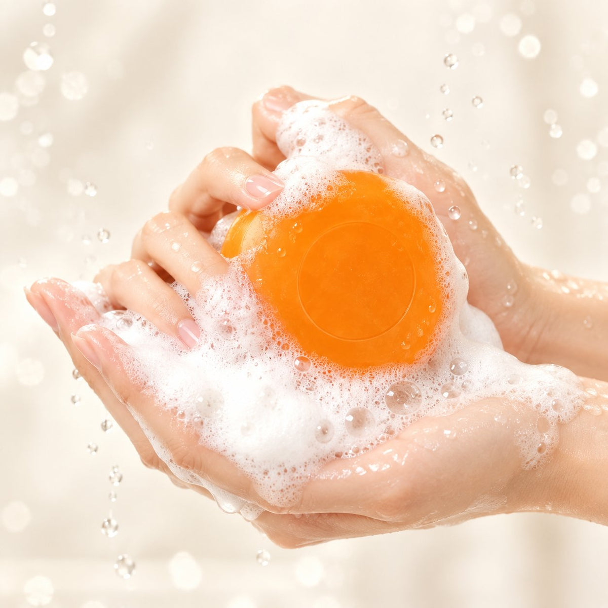 Mousse onctueuse et savon rond orange au kaki dans les mains, éclairage studio ivoire