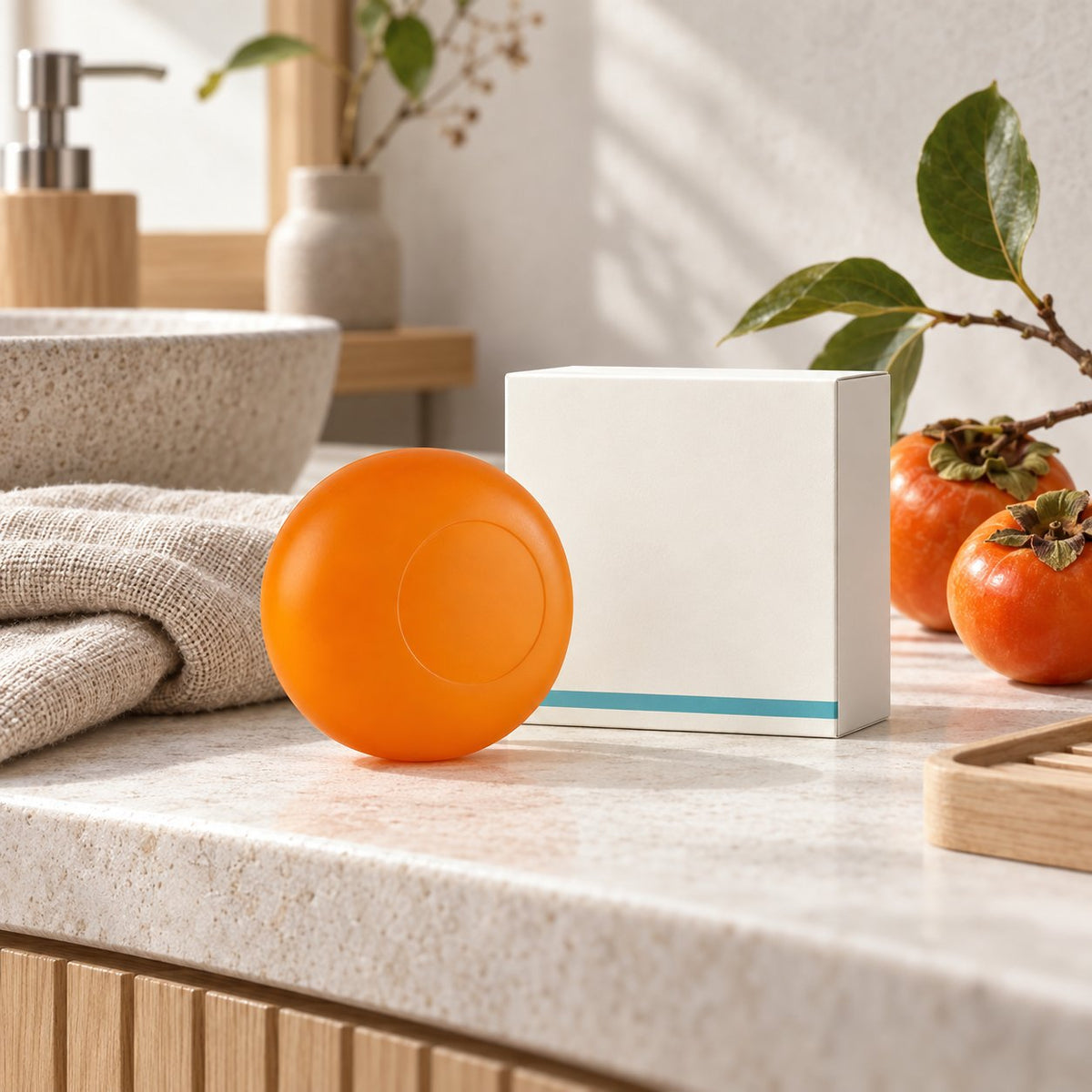 Savon kaki rond orange et sa boîte ivoire, posés dans une salle de bain japandi lumineuse avec des kakis