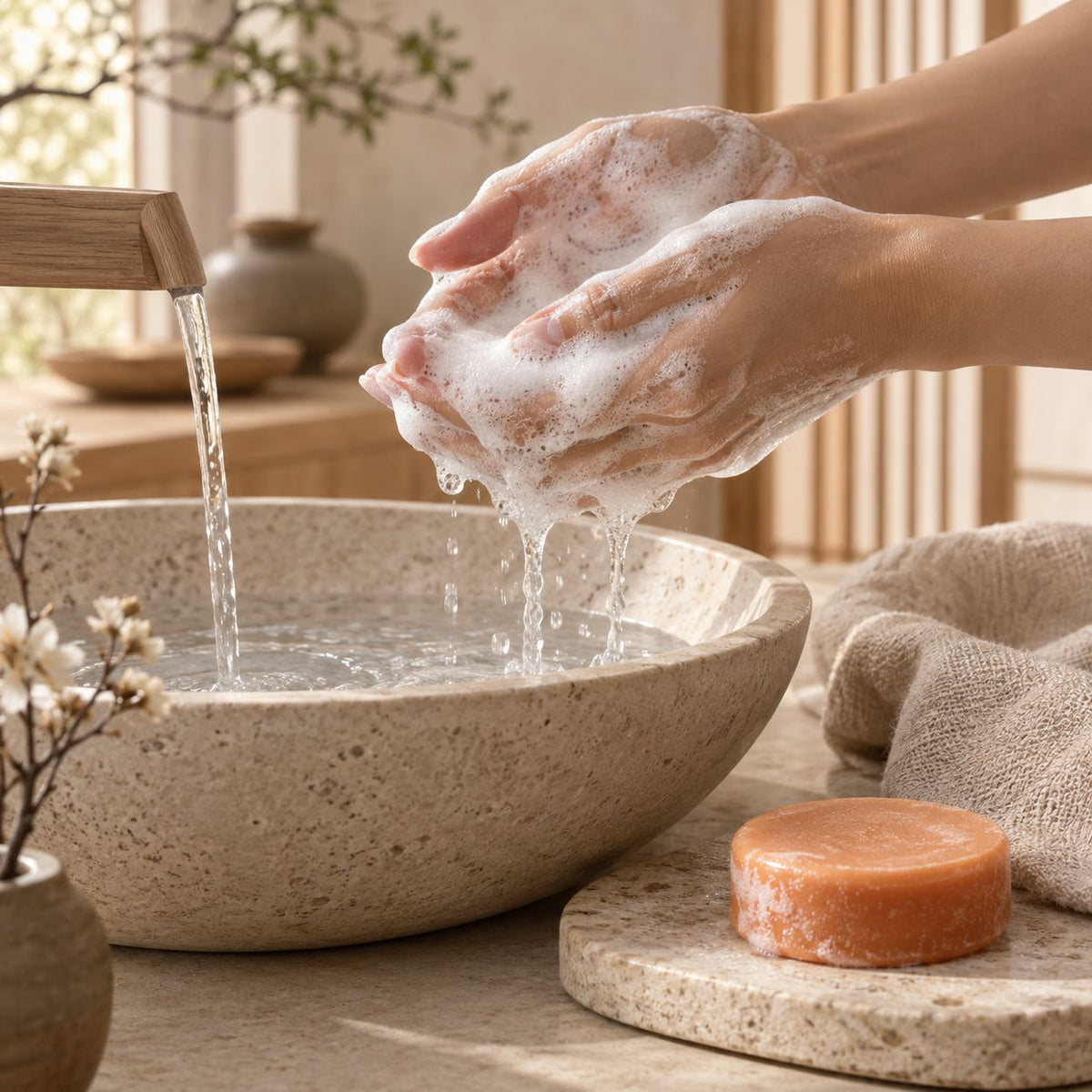 Mains savonneuses sous l'eau claire, savon rond orange, salle de bain japandi en pierre