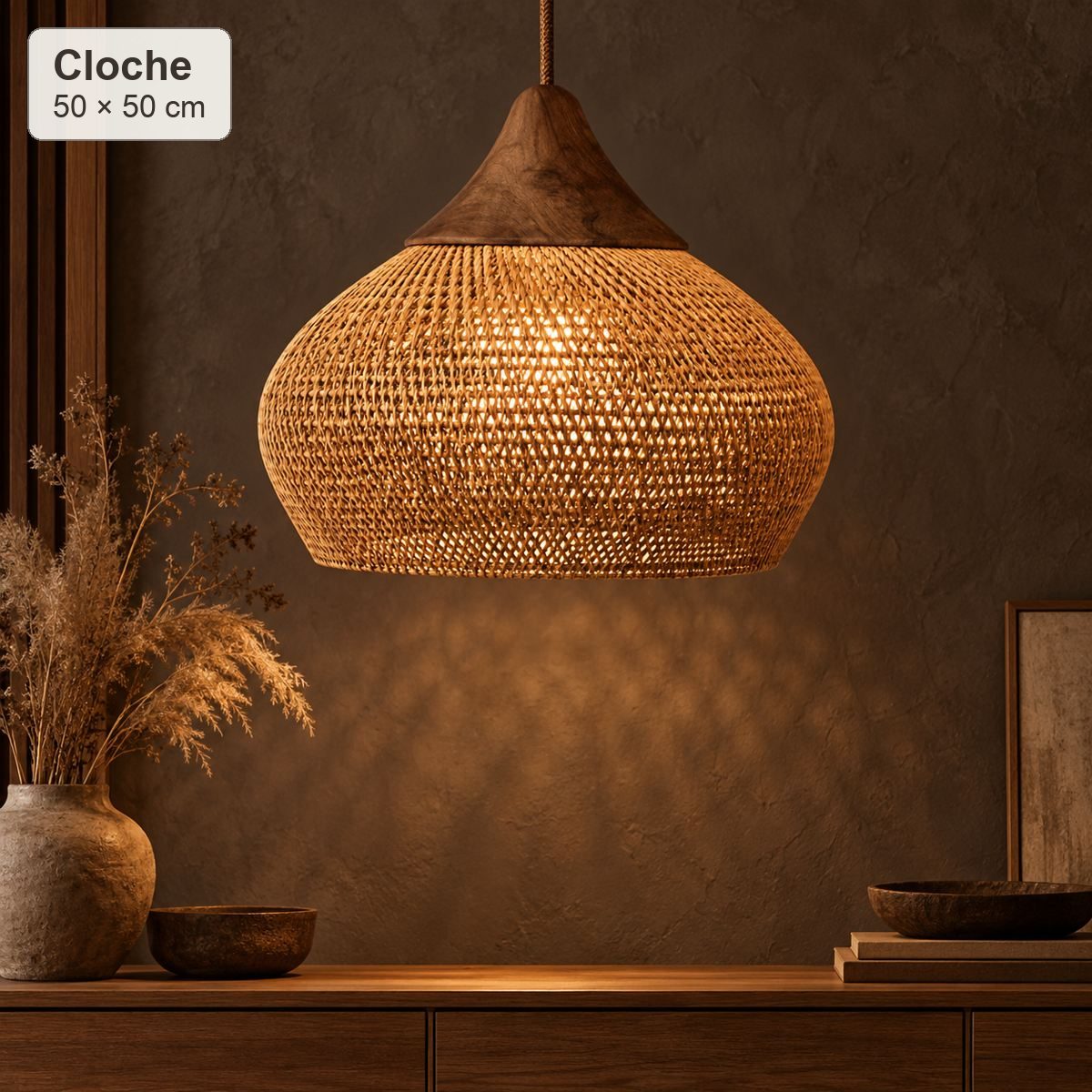 Suspension Nami Cloche Ø50 × H50 cm en rotin café