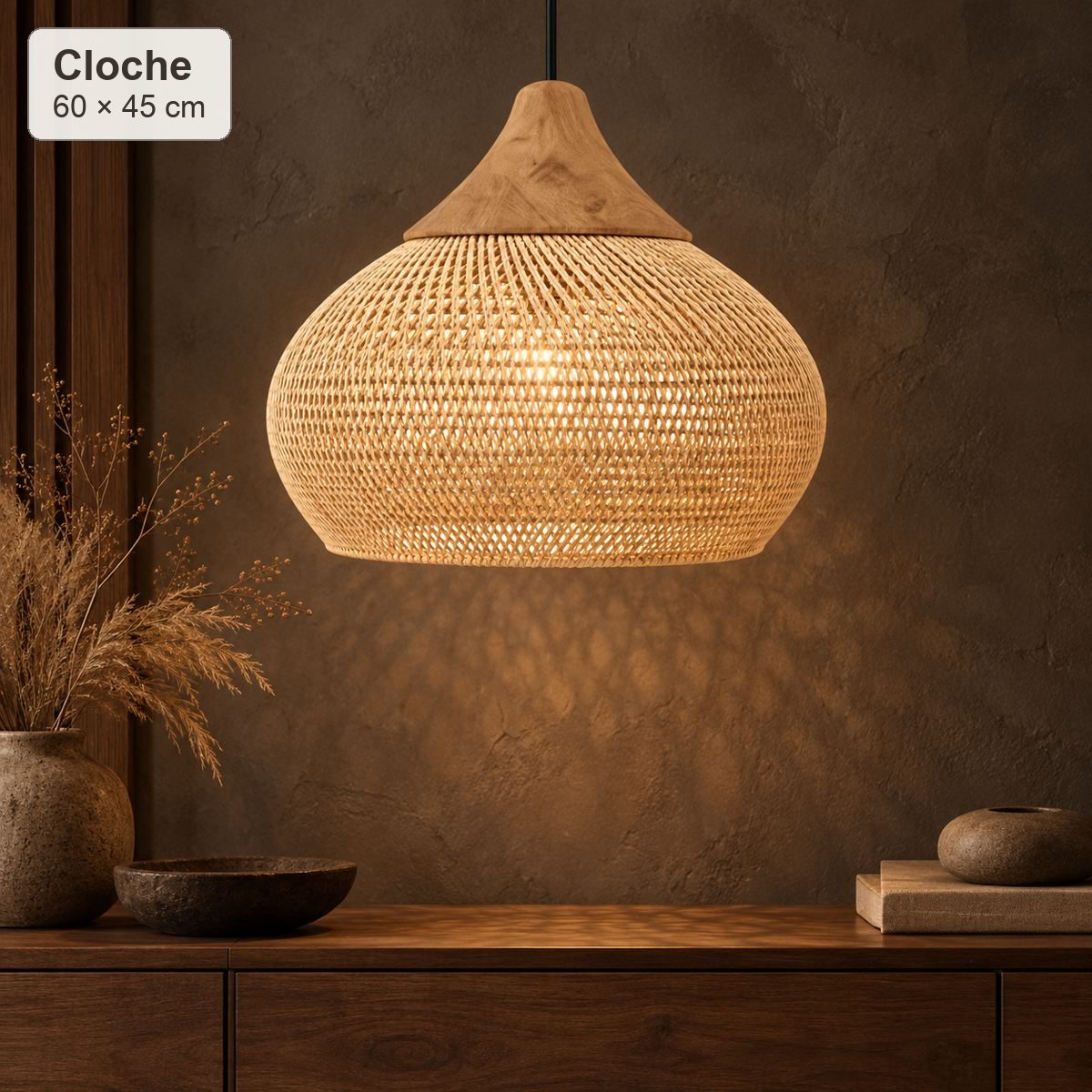 Suspension Nami Cloche Ø60 × H45 cm en rotin beige