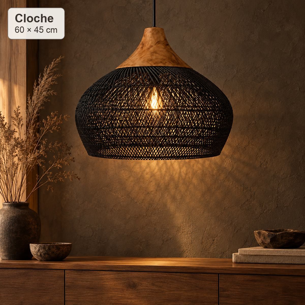 Suspension Nami Cloche Ø60 × H45 cm en rotin noir