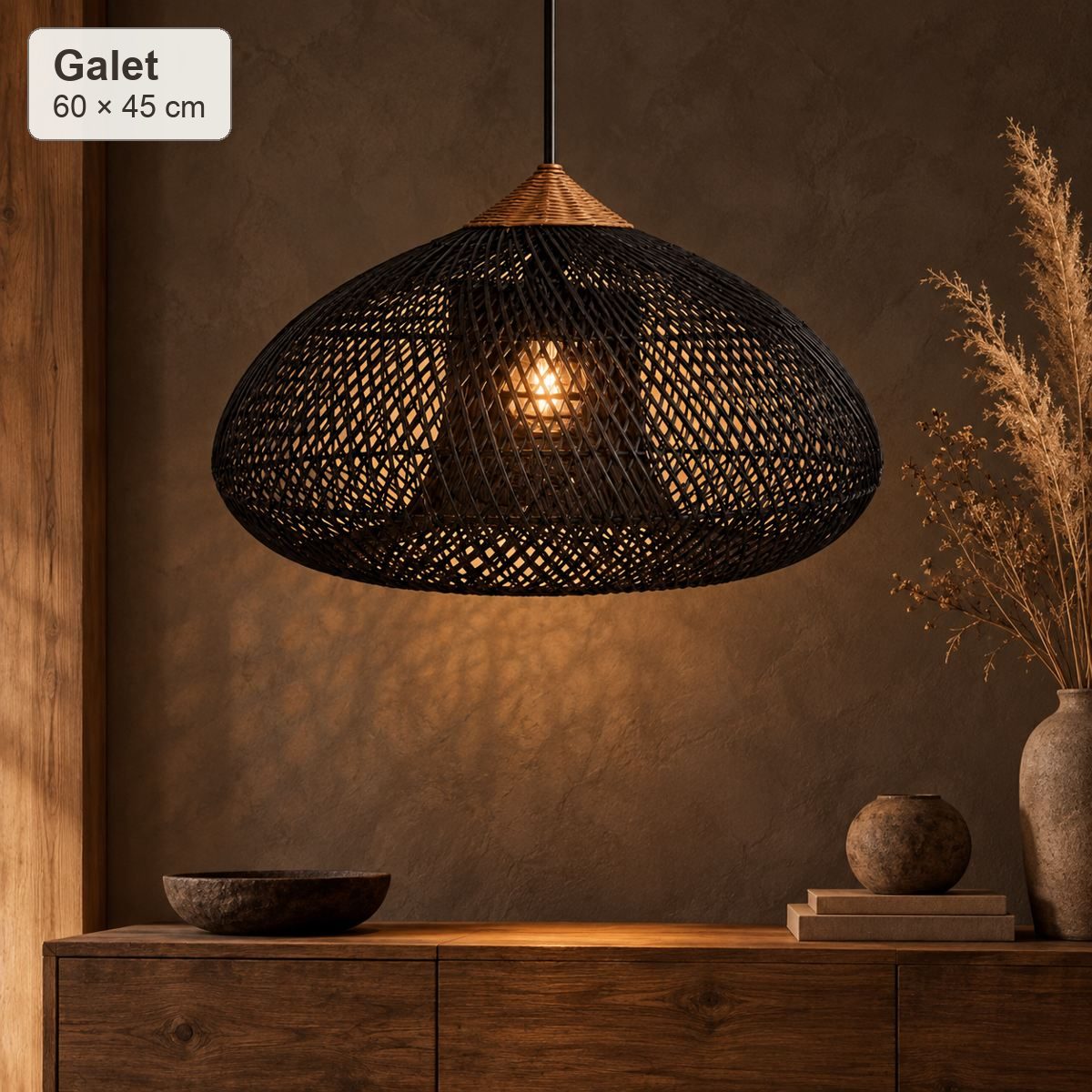 Suspension Nami Galet Ø60 × H45 cm en rotin noir
