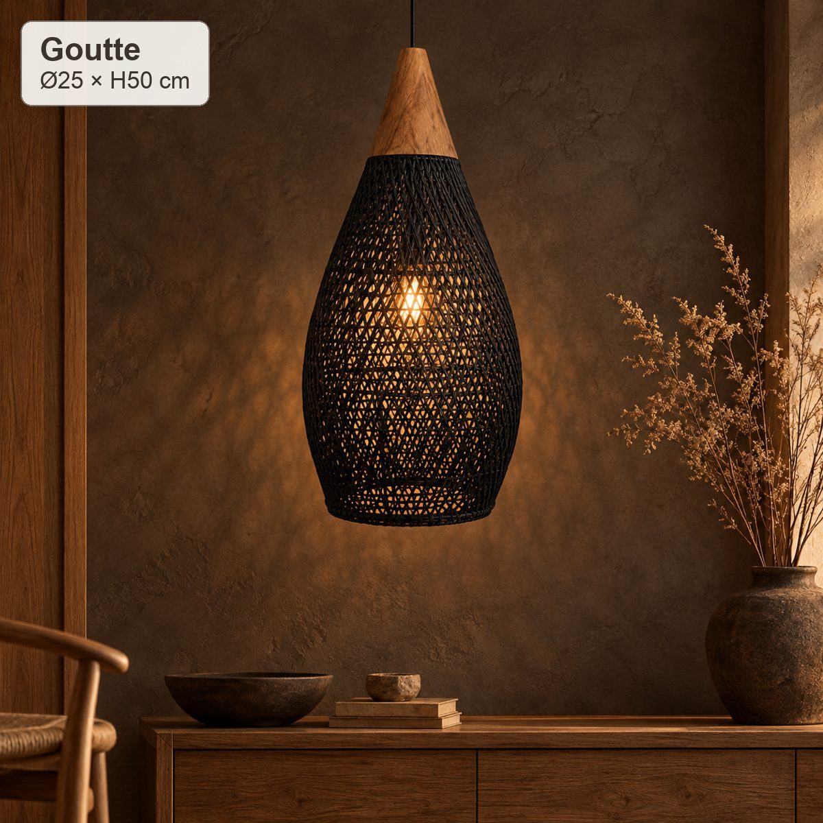 Suspension Nami Goutte Ø25 × H50 cm en rotin noir
