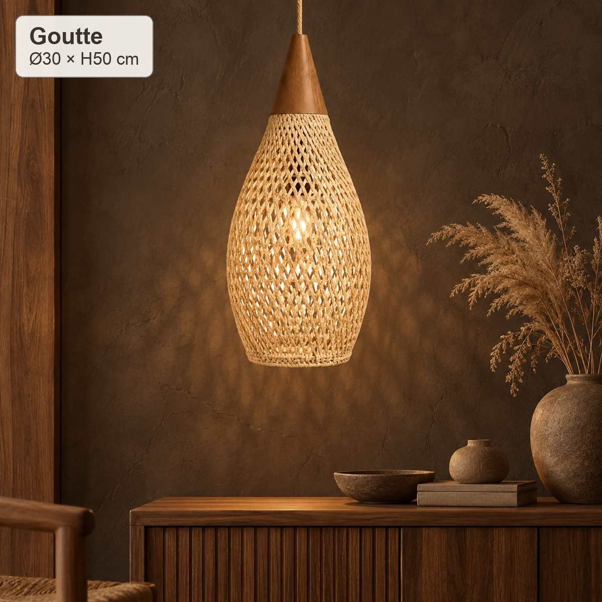 Suspension Nami Goutte Ø30 × H50 cm en rotin beige