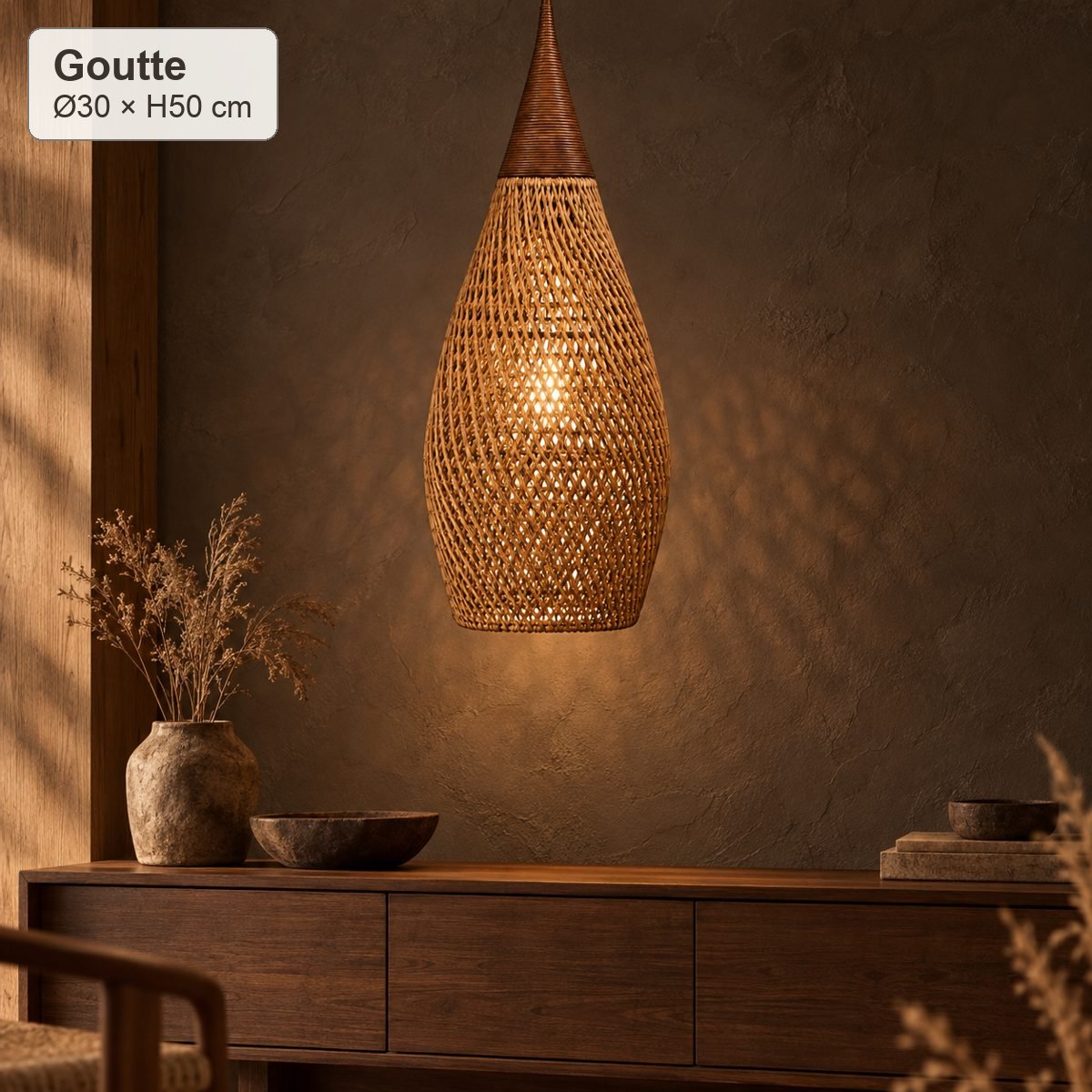 Suspension Nami Goutte Ø30 × H50 cm en rotin café