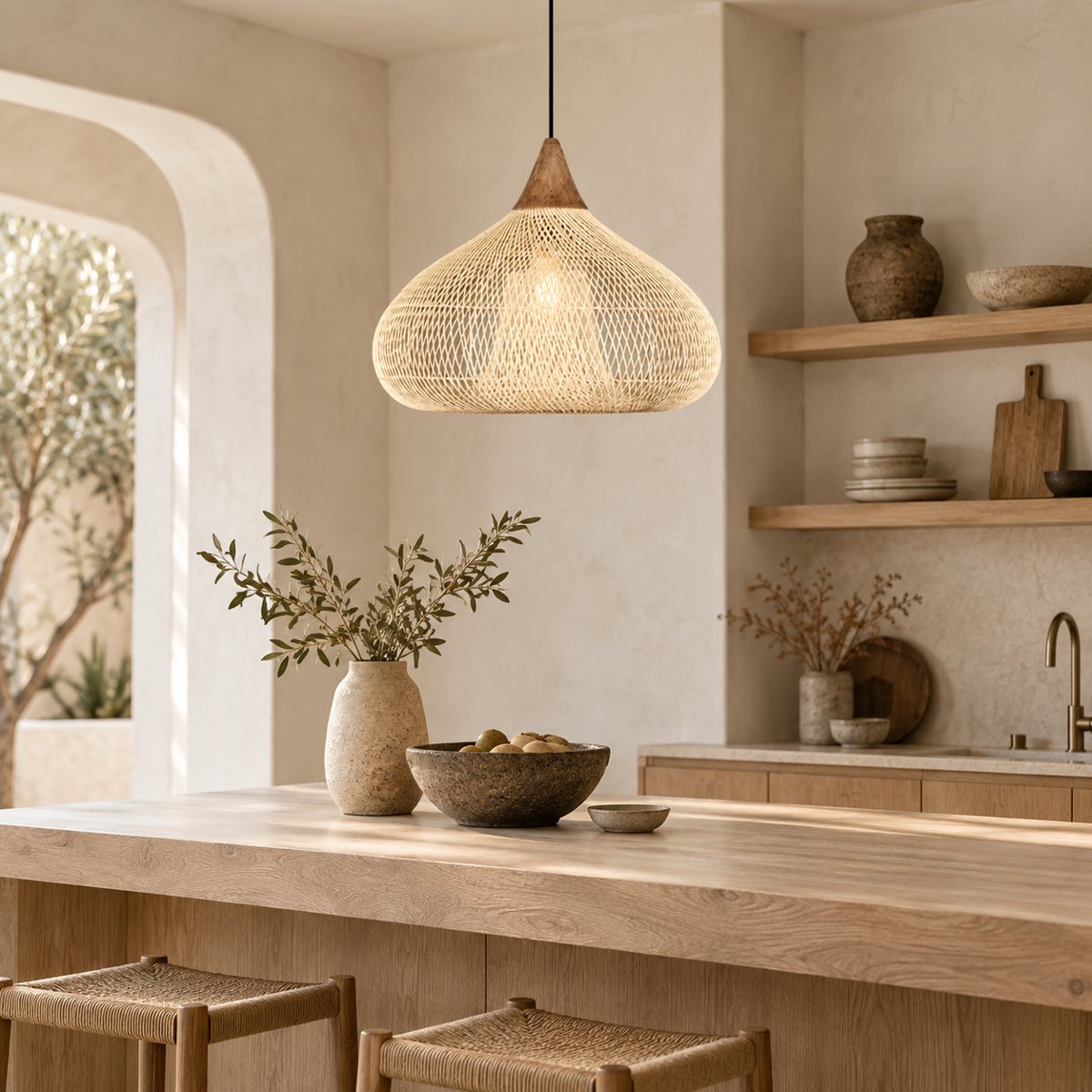 Suspension Nami en rotin beige au-dessus d'un îlot de cuisine, esprit japandi