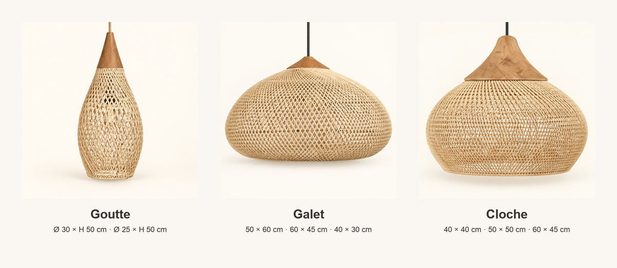 Les 3 formes de la suspension Nami (Goutte, Galet, Cloche) et leurs tailles