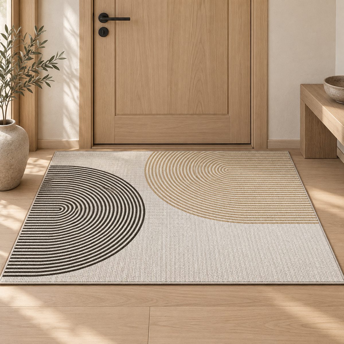 Tapis d'entrée Sui formes organiques beige et noir