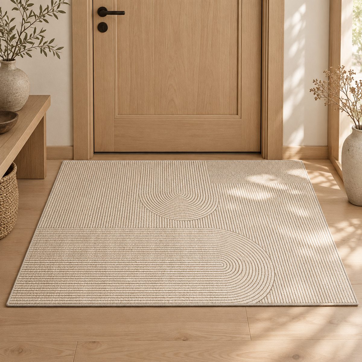 Tapis d'entrée Wa arcs abstraits beige et brun