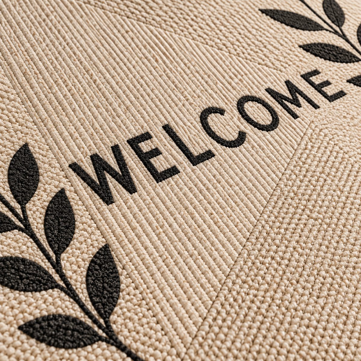 Zoom motif Tapis d'entrée Yōkoso welcome beige et noir