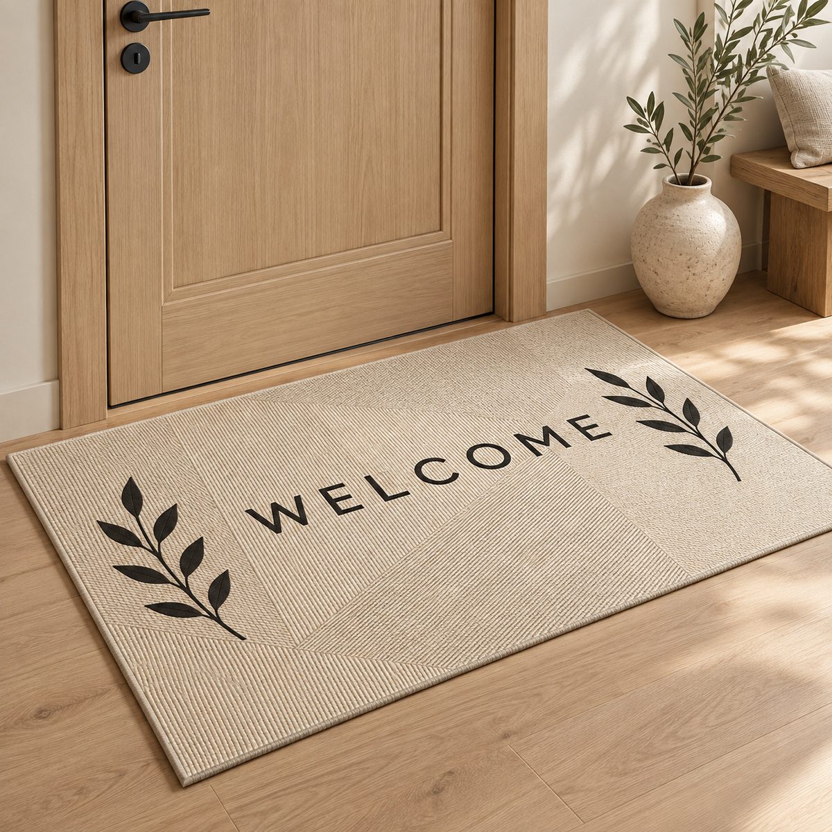 Tapis d'entrée Yōkoso welcome beige et noir