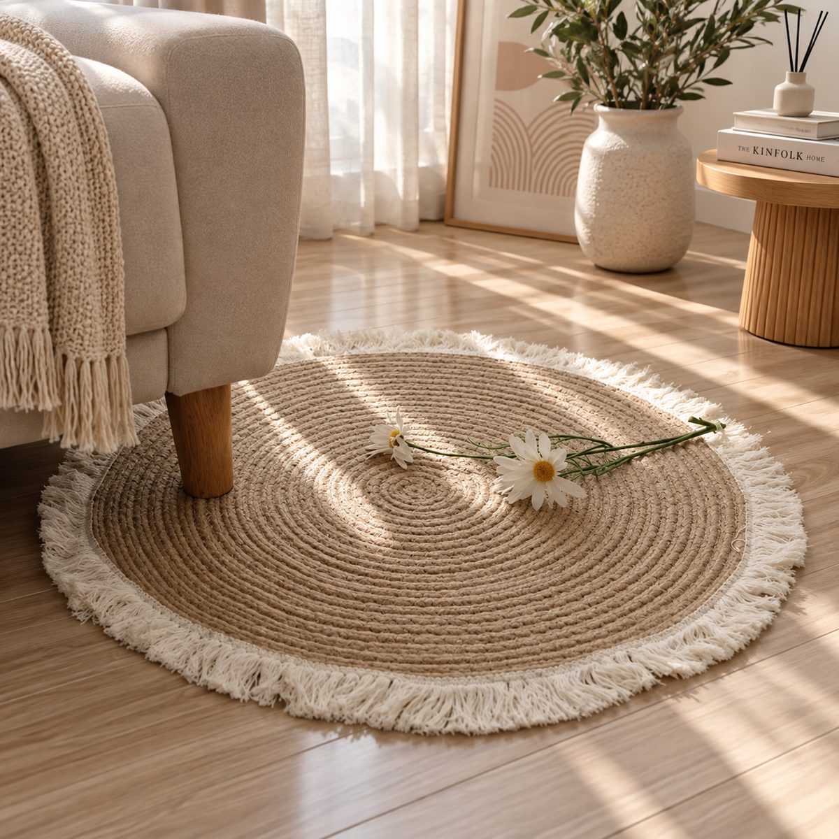 Tapis Fusa rond en coton lavable à franges
