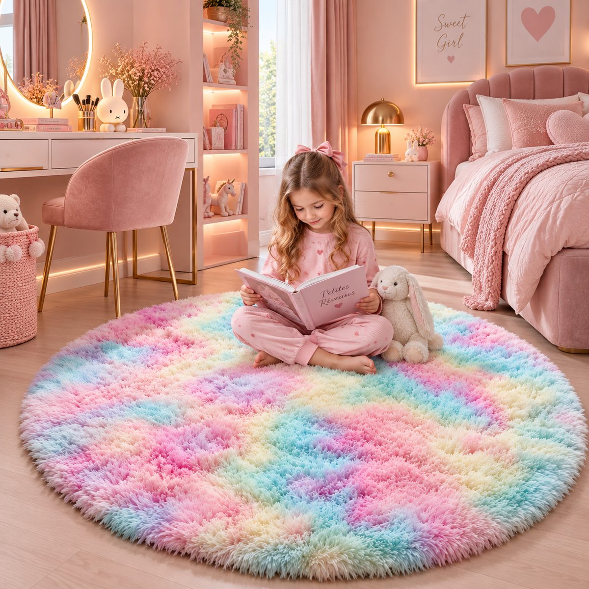Tapis rond en peluche rose pâle, vue alternative