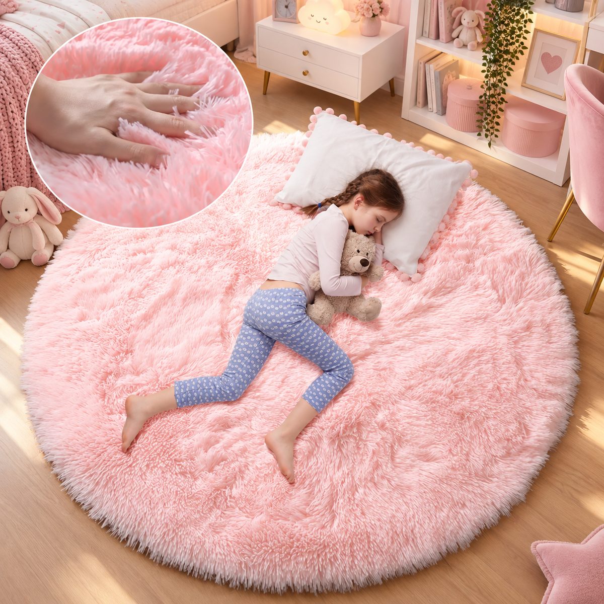 Tapis rond en peluche rose pâle