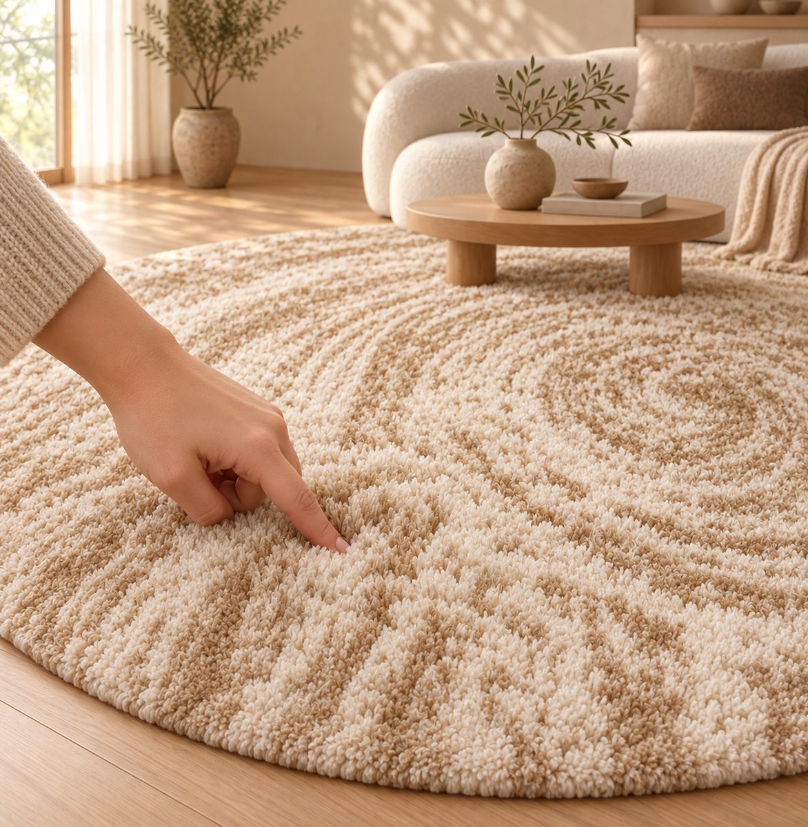 Texture peluche Tapis rond Rasen spirale Maillard