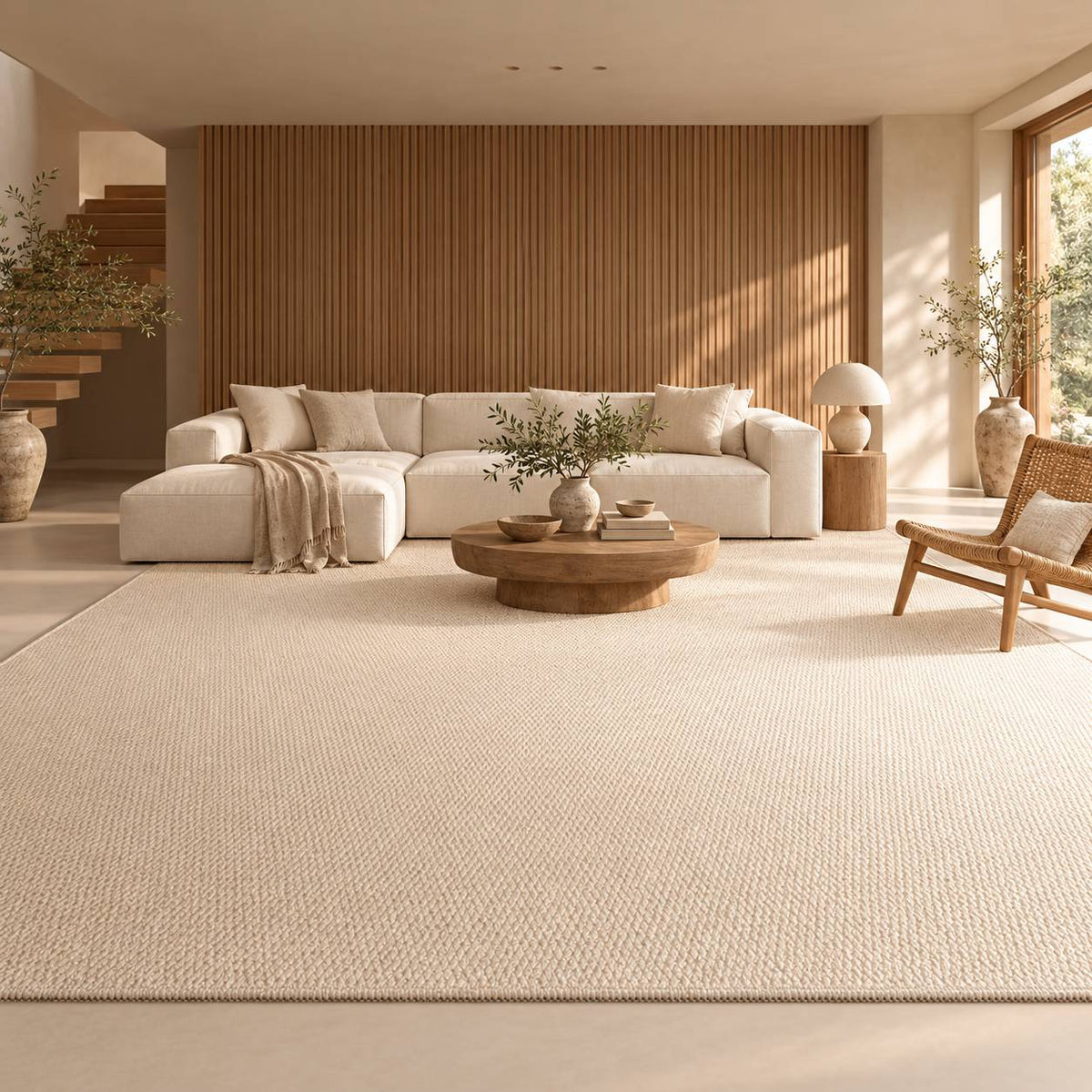 Tapis Suna beige à relief bouclé dans un salon japandi éditorial, canapé ivoire et bois clair