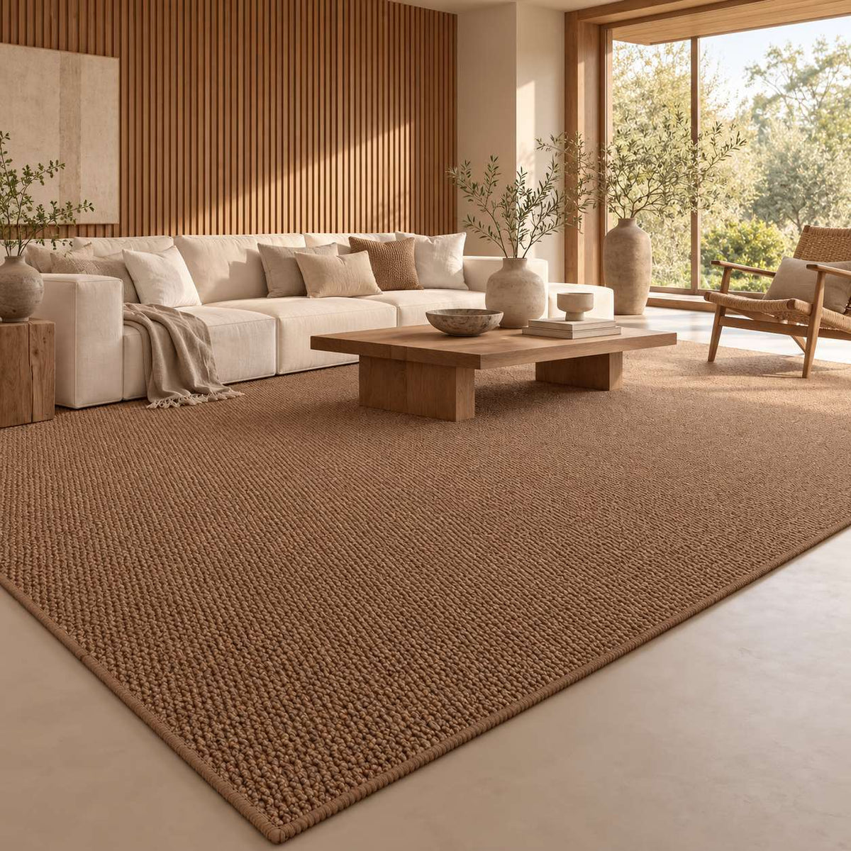 Tapis Suna chocolat à relief bouclé dans un salon japandi éditorial