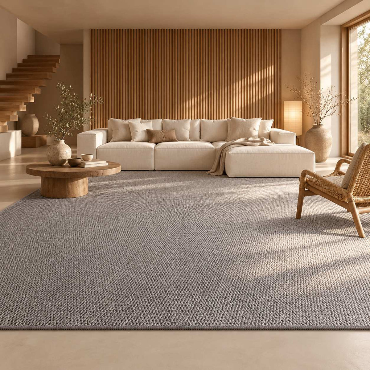 Tapis Suna gris chiné à relief bouclé dans un salon japandi éditorial