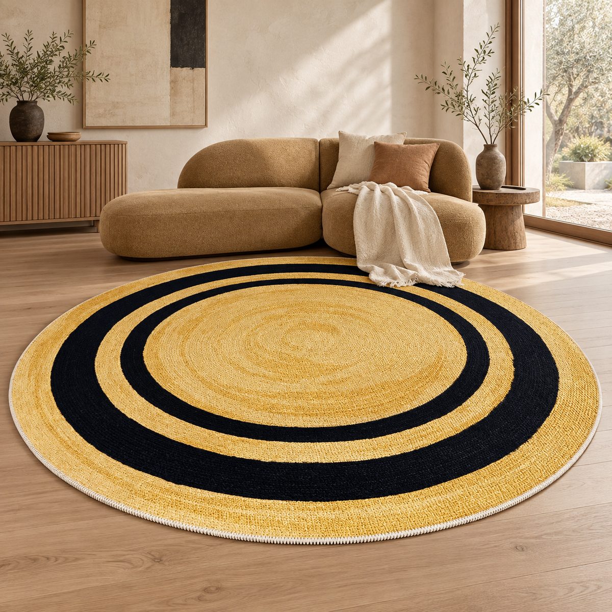 Japandi tapis rond japandi or et noir
